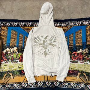 Guess affliction zip up hoodie Size large women’s cream brown punk skulls wings